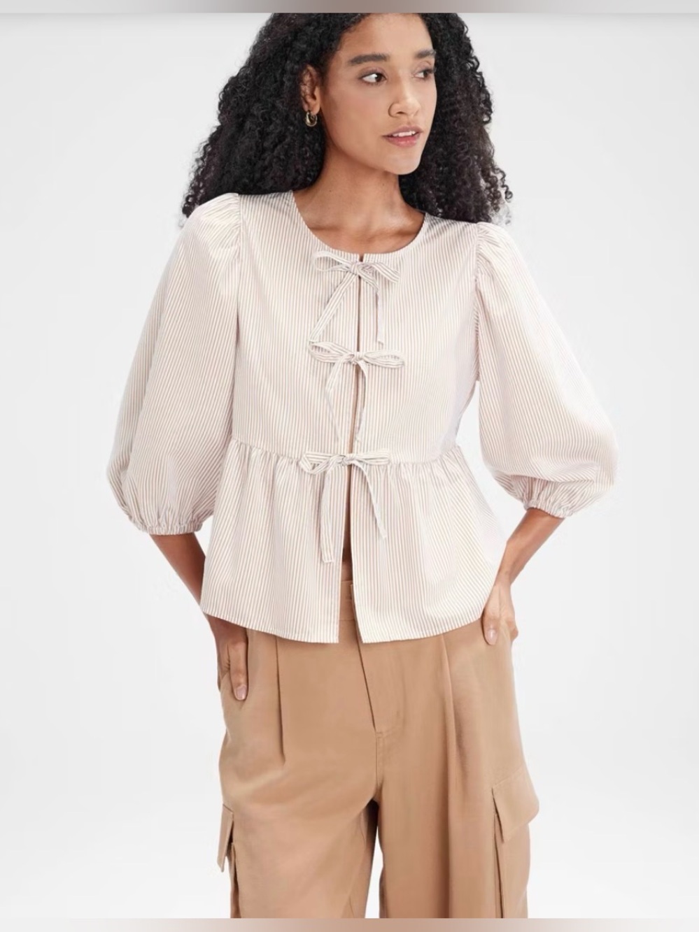 NWT A New Day puff sleeve tie front striped top. Size M